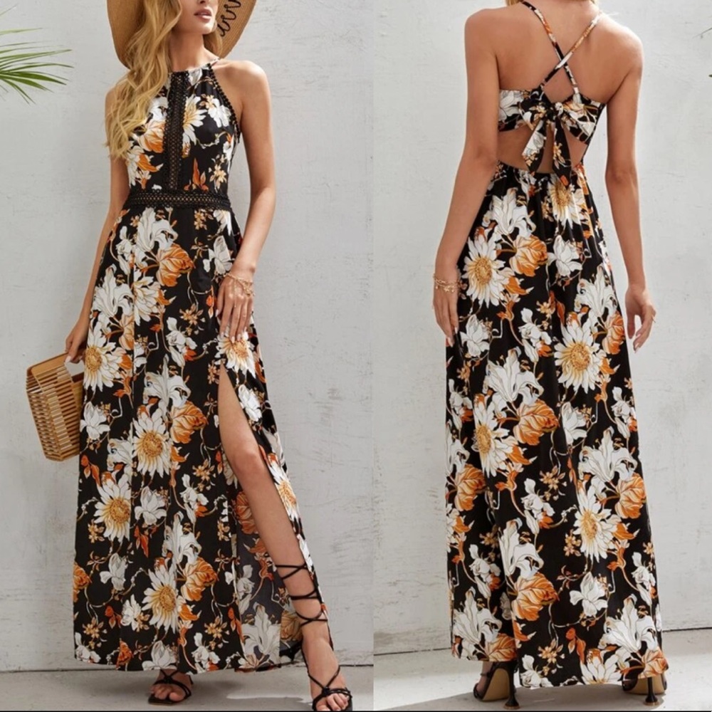 Boho floral print lace insert maxi dress
